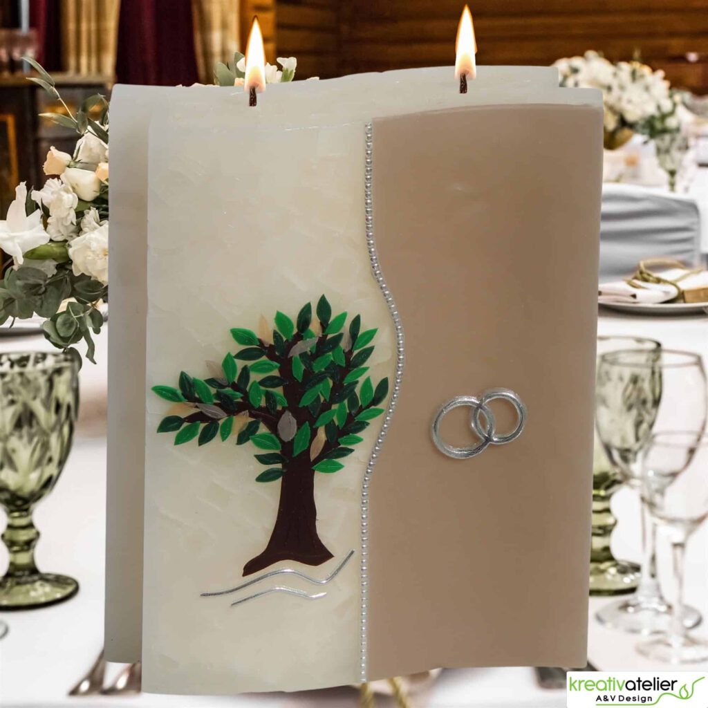HK7092 Hochzeitskerze 2 Dochte Doppelwelle in elfenbein mit Baum und Eheringen Doppeldochtkerze 10