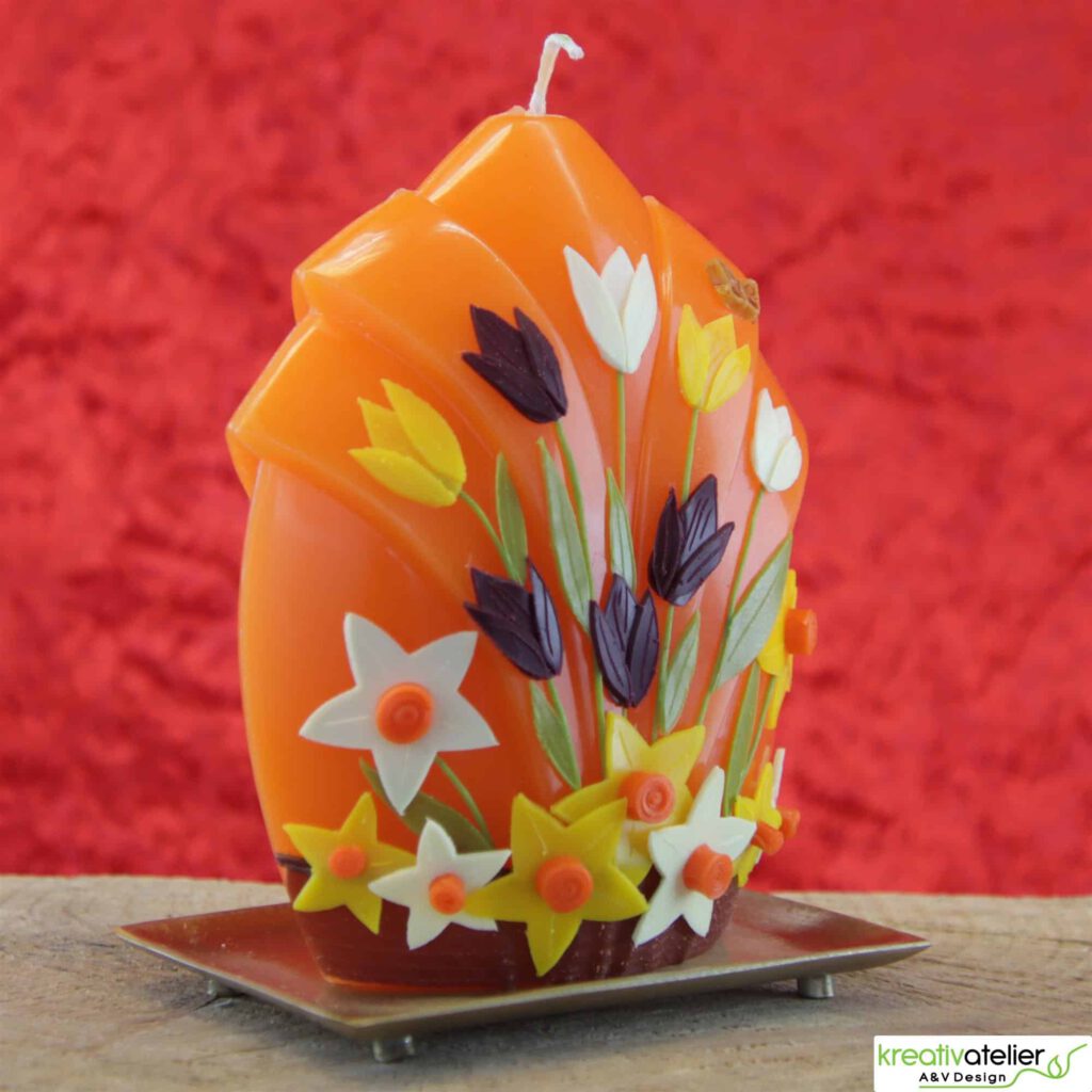 KK0023 Faecherbluetenkerze Fruehlingskerze in Orange mit Tulpen und Narzissen Fruehlingsdeko Geschenkidee 05