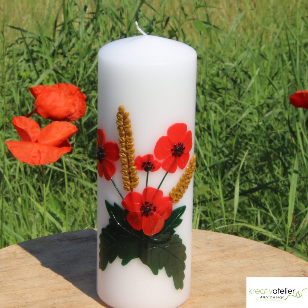 KK1617 Kuenstlerkerze Klatschmohn Kerze mit Mohnblume das einzigartige Geschenk fuer den Sommer und den Herbst 11