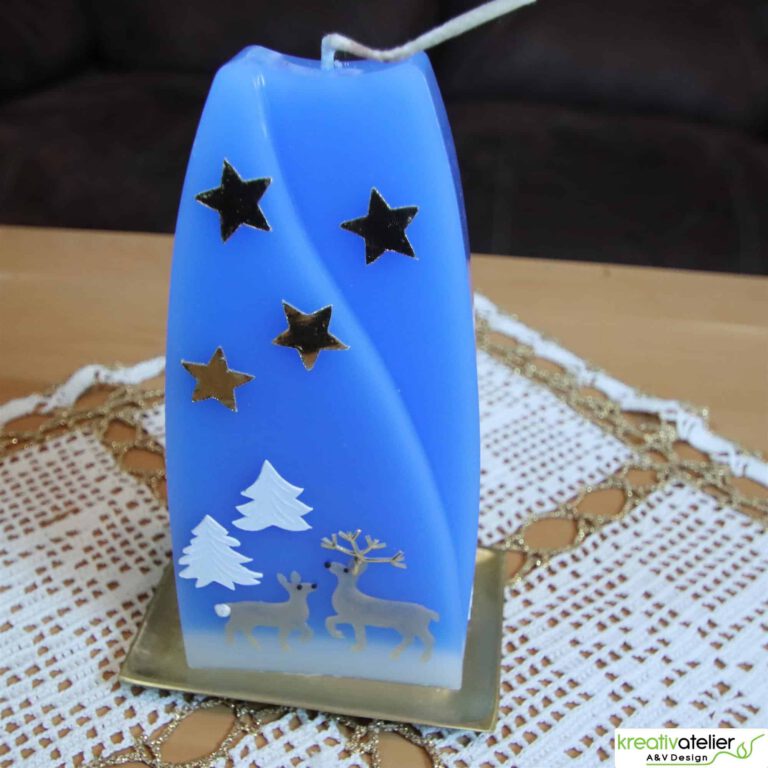 WK5829 blaue Formenkerze Doppelbogen mit Waldtiere Winterlandschaft 06