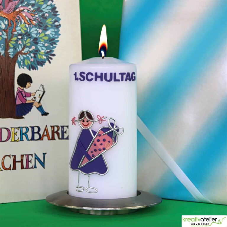 Kerze Einschulung mit i Doetzchen Maedchen und Schultuete, Einschulungskerze, Kerze erster Schultag