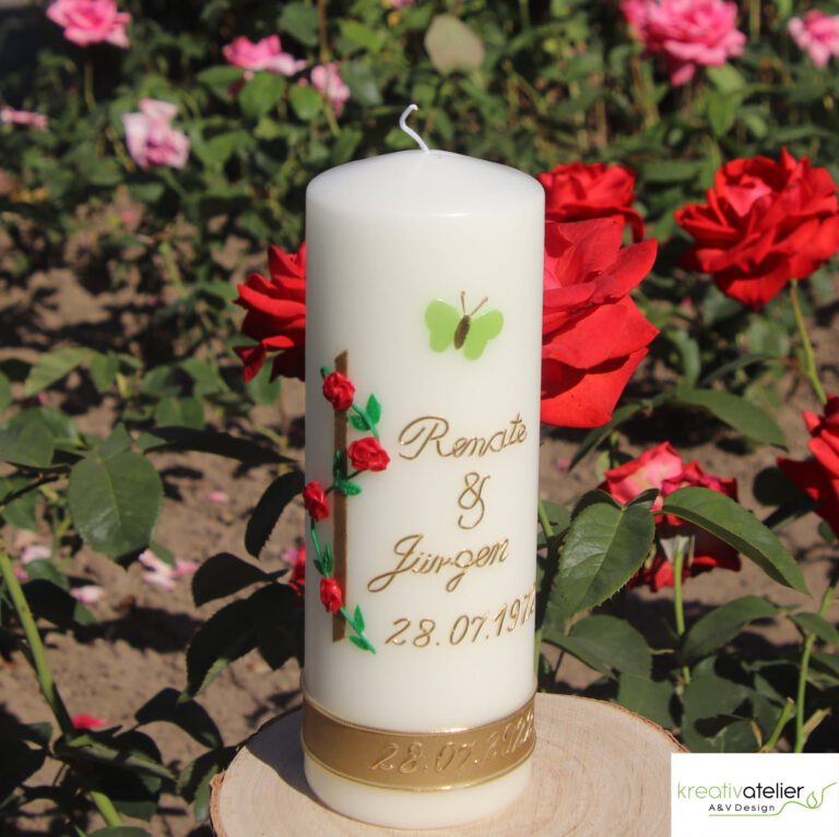 Kerze zum Hochzeitstag, Hochzeitstagskerze, Silberhochzeit, Goldene Hochzeit, Rubinhochzeit, rote Rosen, Rosenranke rot, personalisierbar