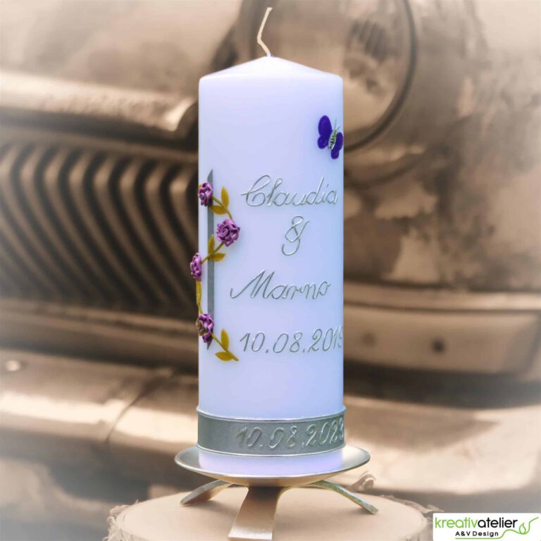 Hochzeitstagskerze mit Rosenranke und Schmetterling, Geschenk Hochzeitstag, Hochzeitstagsgeschenk
