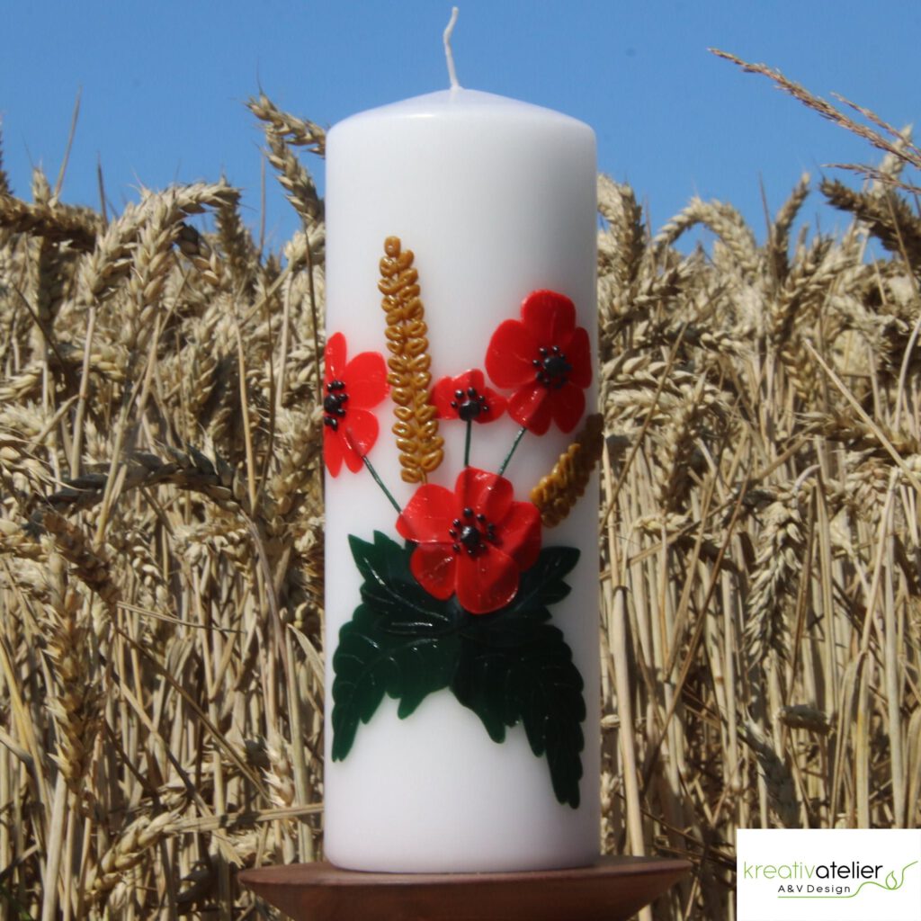 Künstlerkerze Klatschmohn, Kerze mit wunderbarer leuchtender Mohnblume und Goldähre das einzigartige Geschenk für den Sommer und den Herbst