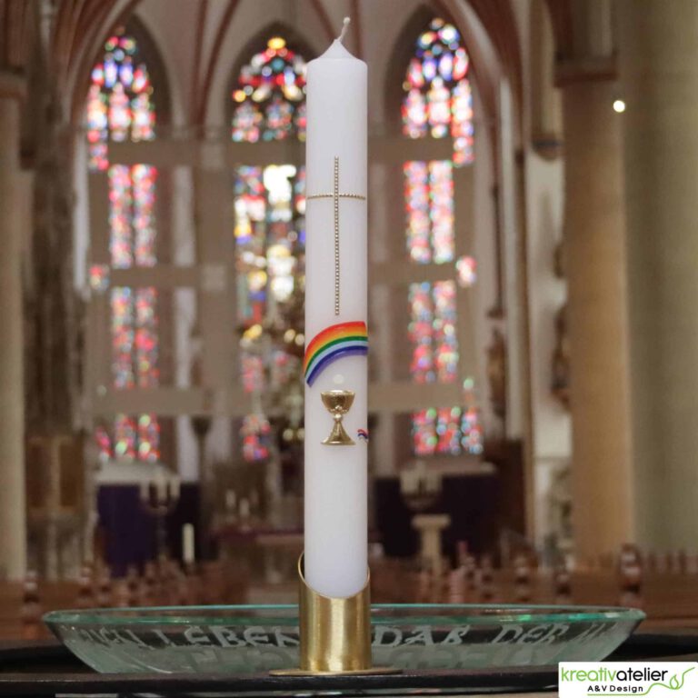 weisse Kommunionkerze mit Regenbogen und Kelch gold