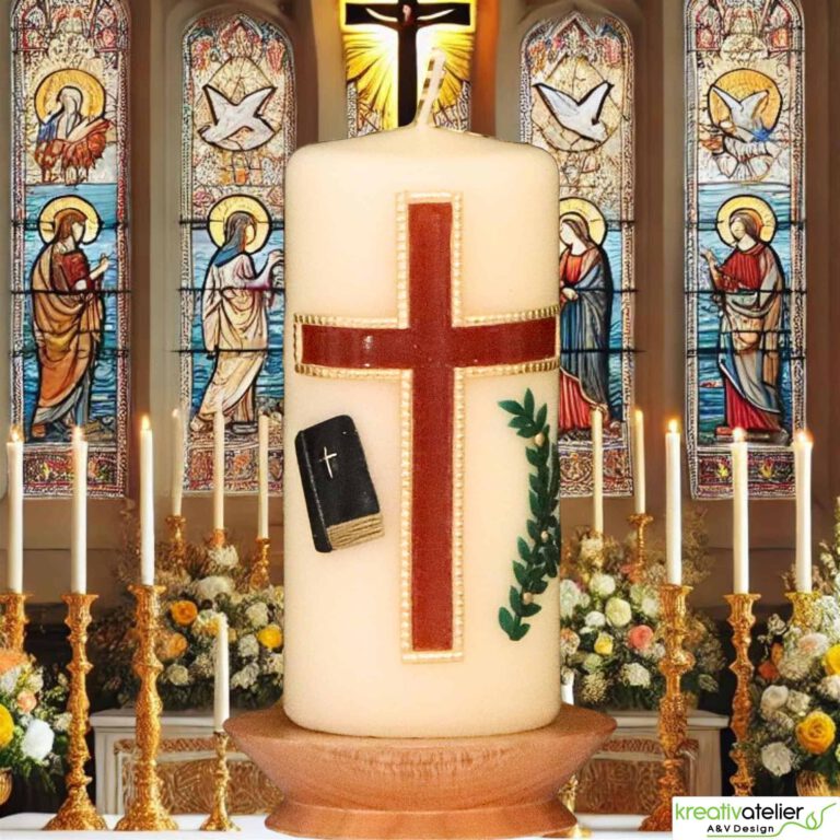 Konfirmationskerze in elfenbein mit braunem Kreuz und Bibel optional mit Konfirmationsspruch