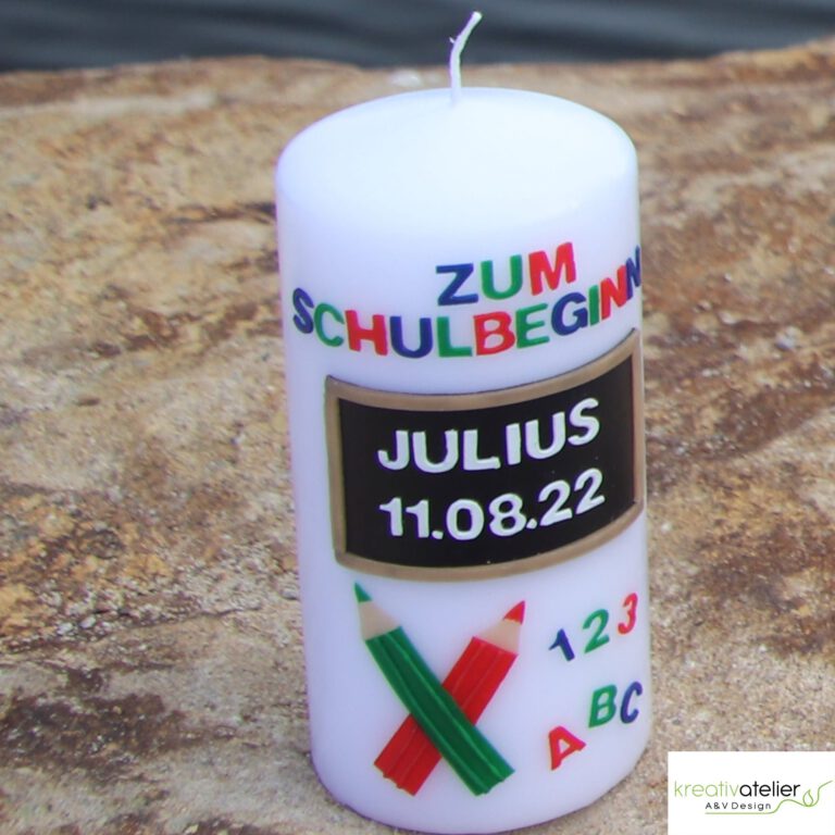 Kerze zur Einschulung, Einschulungskerze mit Scheifertafel und Buntstiften, Einschulungskerze für Jungen, Einschulungskerze für Mädchen