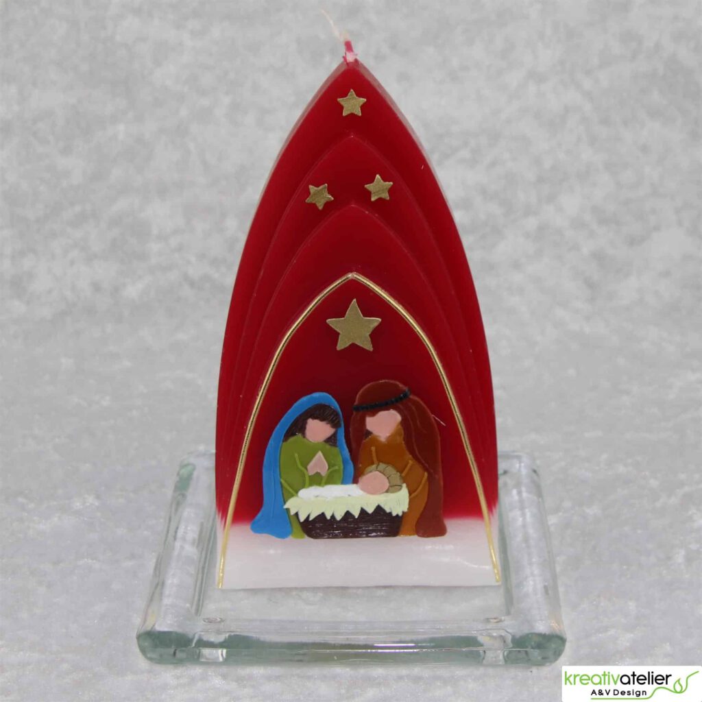 Formkerze zu Weihnachten rot mit weissem Boden Kuppelmotiv mit Christkind, Maria und Josef