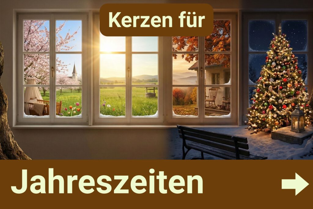 Kerzen für Jahreszeiten – vier Fenster mit Frühling, Sommer, Herbst und Weihnachten