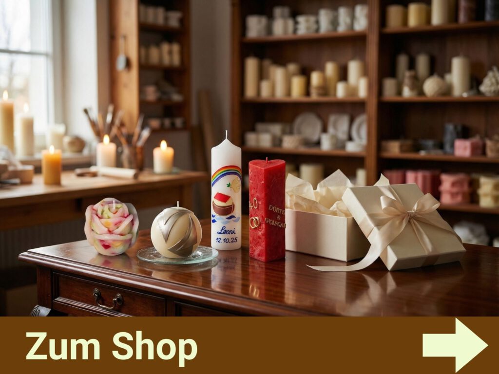 Geschenkkerzen und dekorative Kerzen auf Tisch im Kerzenatelier