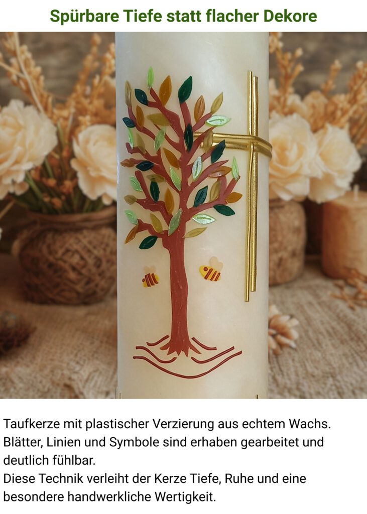 Start_neu Taufkerze mit plastischer Verzierung aus echtem Wachs