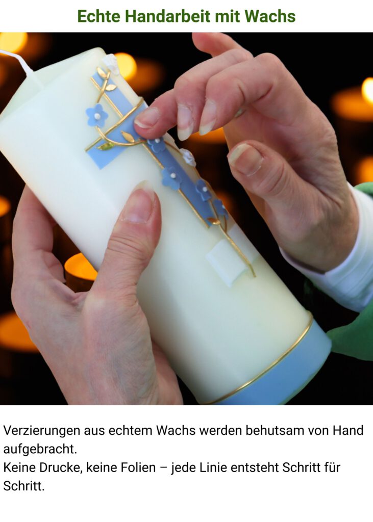 Start_neu Handarbeit beim Verzieren einer Taufkerze aus Wachs