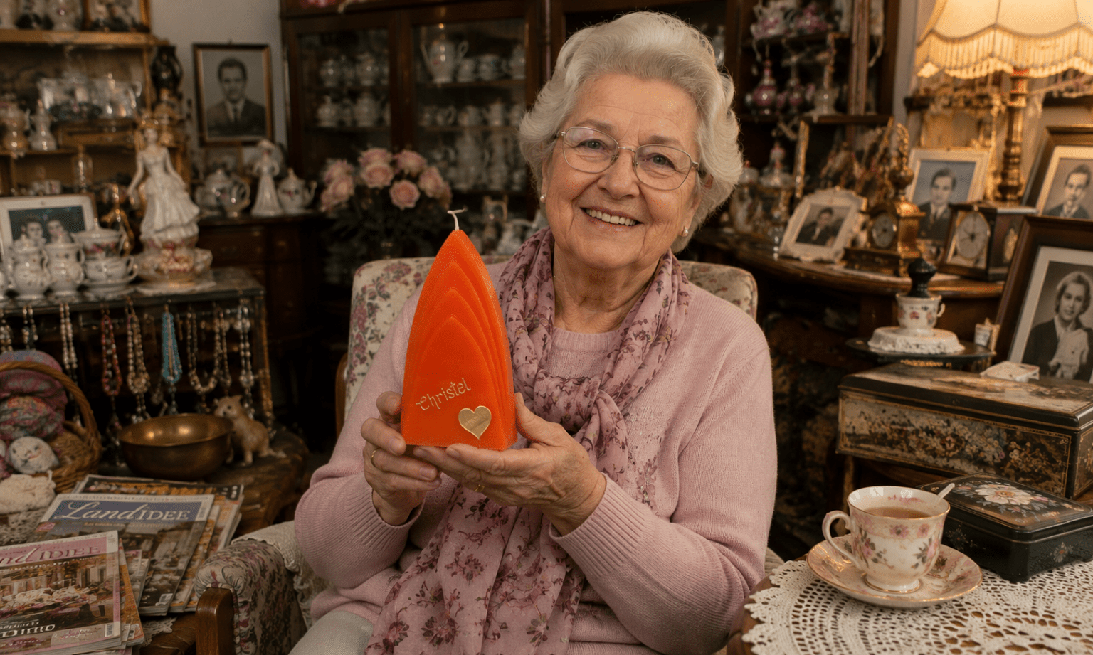 Ältere Dame freut sich über personalisierte orange Designkerze als kleines Geschenk mit Erinnerungswert
