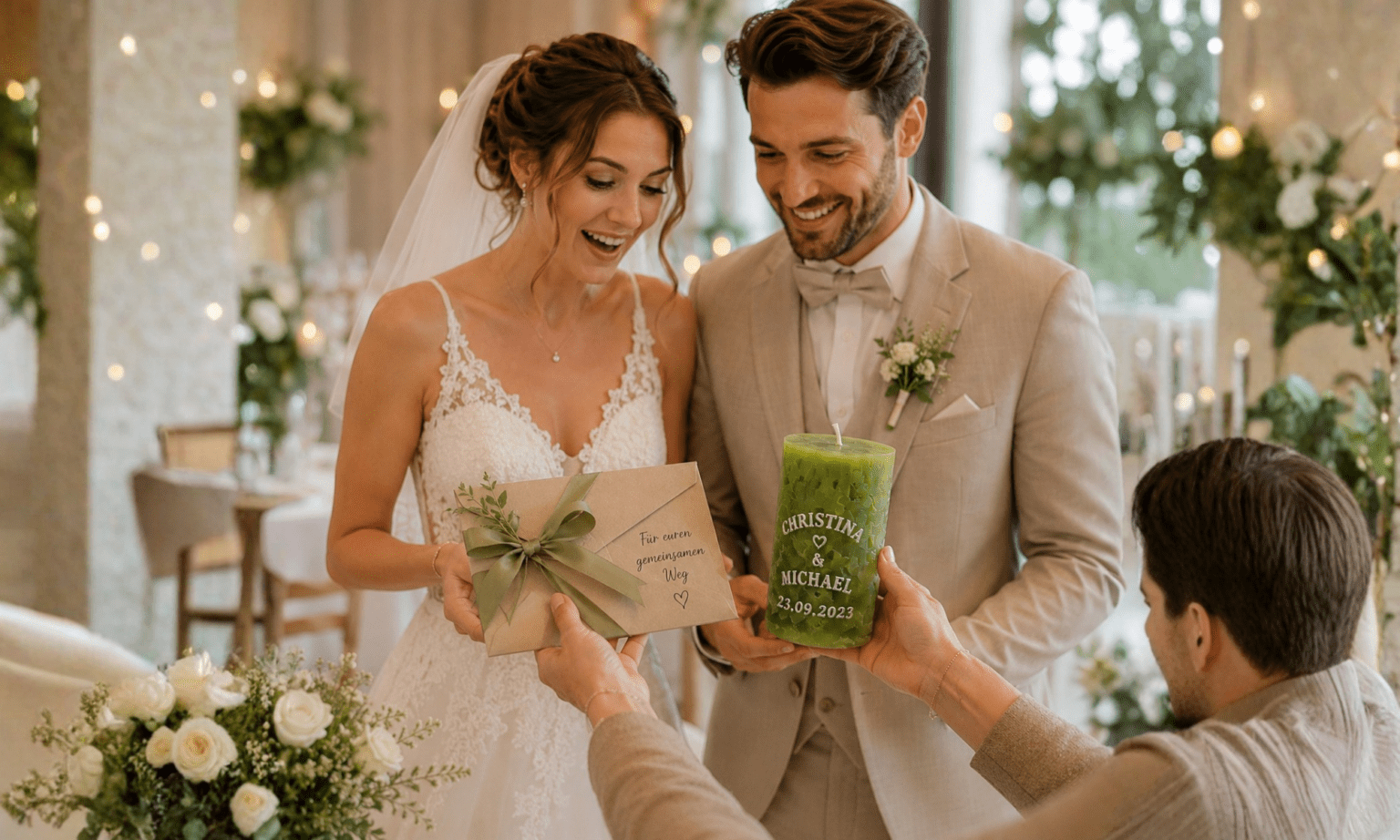 Brautpaar erhält Geldgeschenk mit personalisierter grüner Hochzeitskerze und Briefumschlag