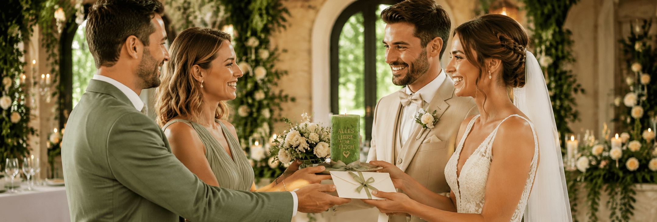 Brautpaar erhält personalisierte grüne Kerze als stilvoll verpacktes Geldgeschenk zur Hochzeit