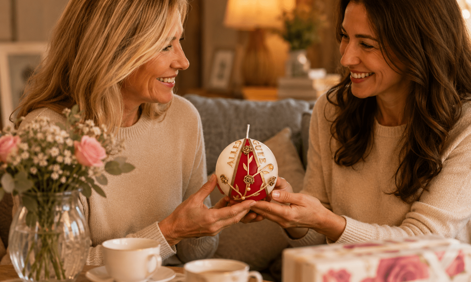 Zwei Frauen mit handverzierter Kugelkerze „Alles Gute“ als persönliches Mitbringsel in gemütlicher Wohnatmosphäre