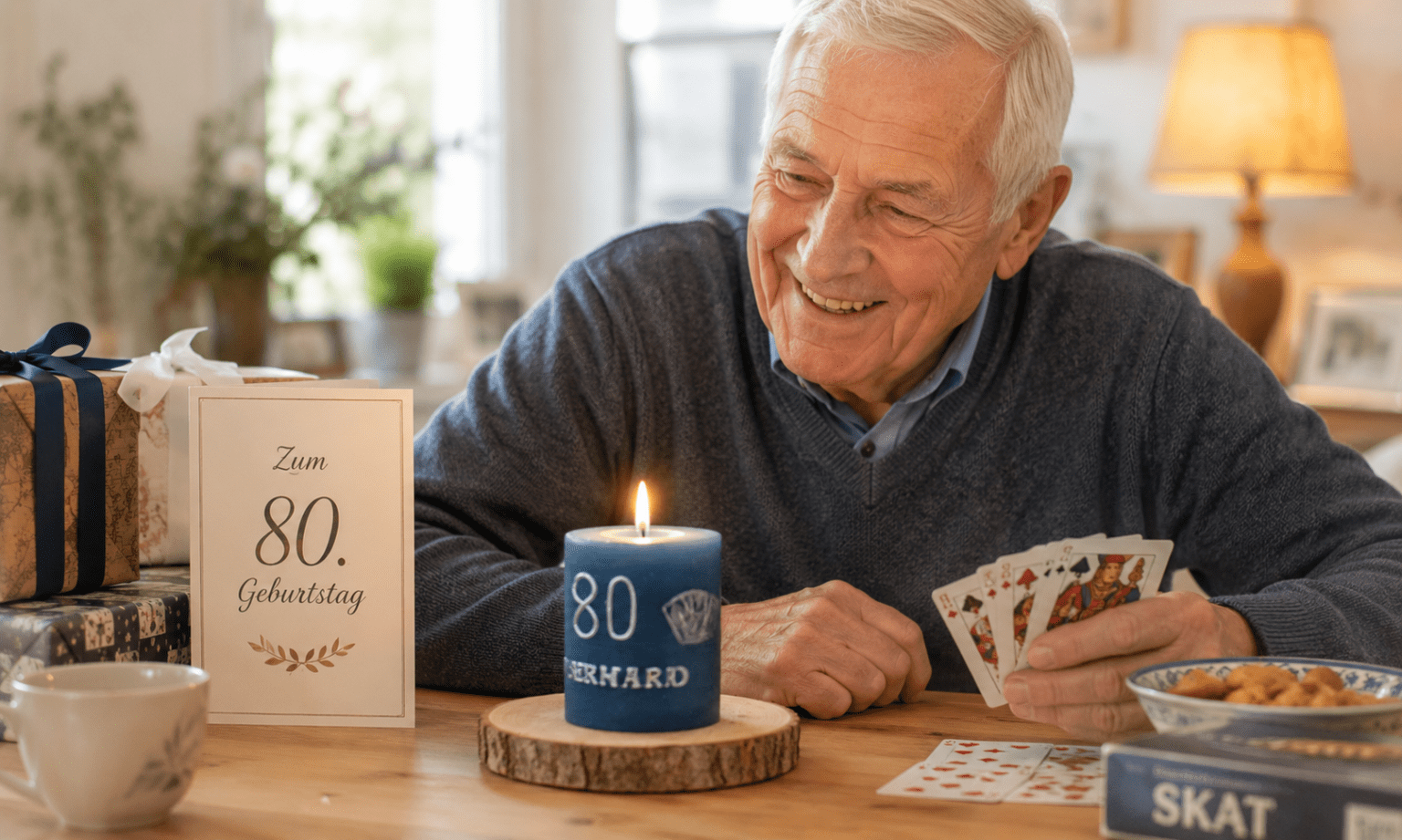 Älterer Herr mit personalisierter blauer Geburtstagskerze zum 80. Geburtstag und Skatkarten in gemütlicher Wohnatmosphäre