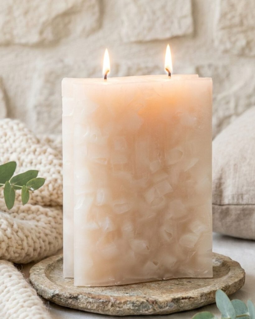 Elfenbeinfarbene Wohnkerze vor Natursteinwand mit Wollplaid im Hygge-Stil