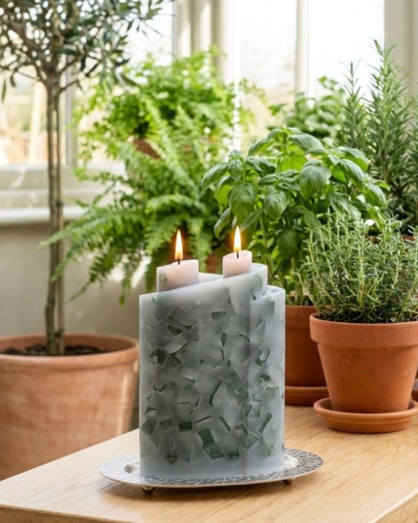 Grüne Wohnkerze Jardin Vert zwischen Kräutern und Zimmerpflanzen im hellen Wintergarten