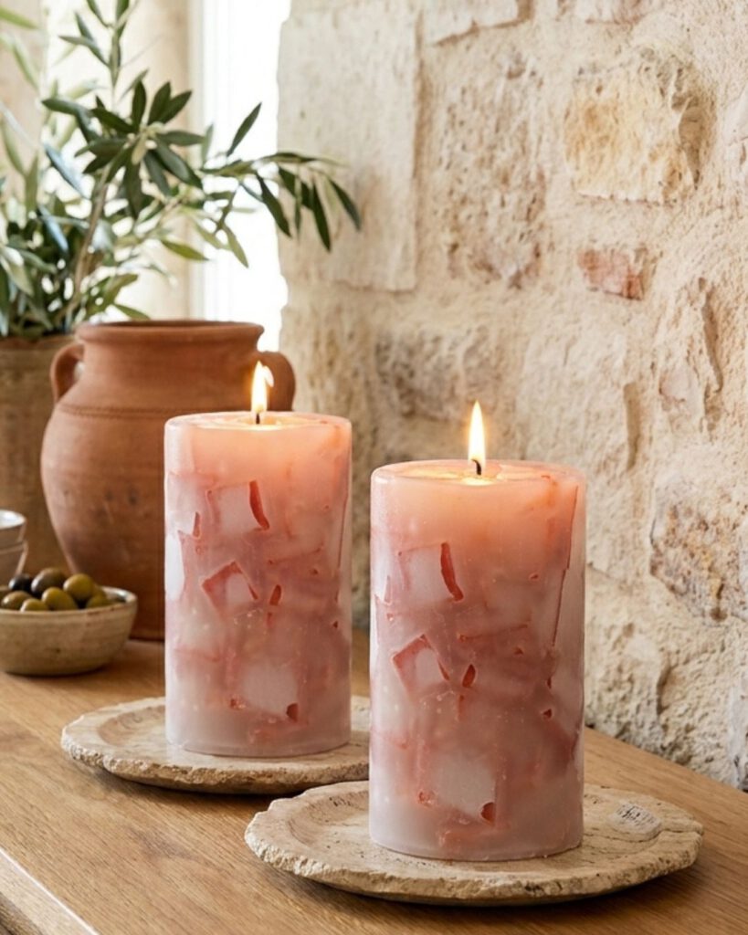 Zwei Terracotta-Wohnkerzen auf Naturstein-Untersetzern in mediterraner Wohnumgebung mit Keramik und Oliven