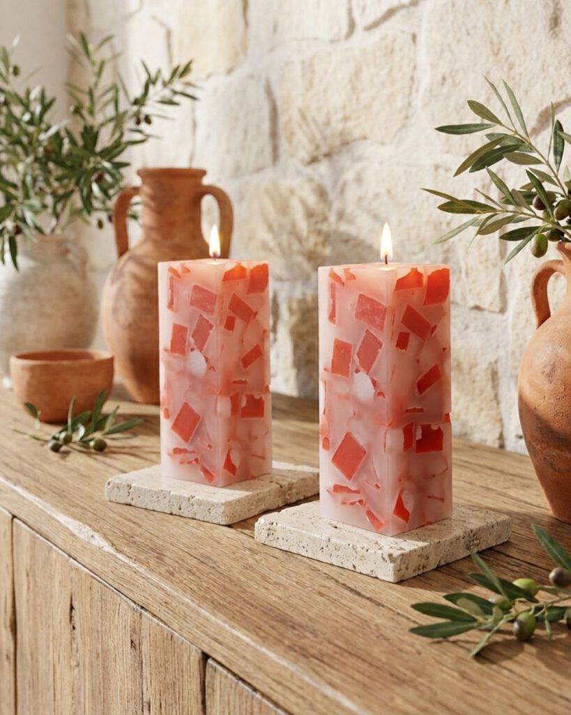 Zwei handgegossene Terracotta-Wohnkerzen der Serie Terre Cuite auf Travertinplatten mit Olivenzweigen vor einer Natursteinwand