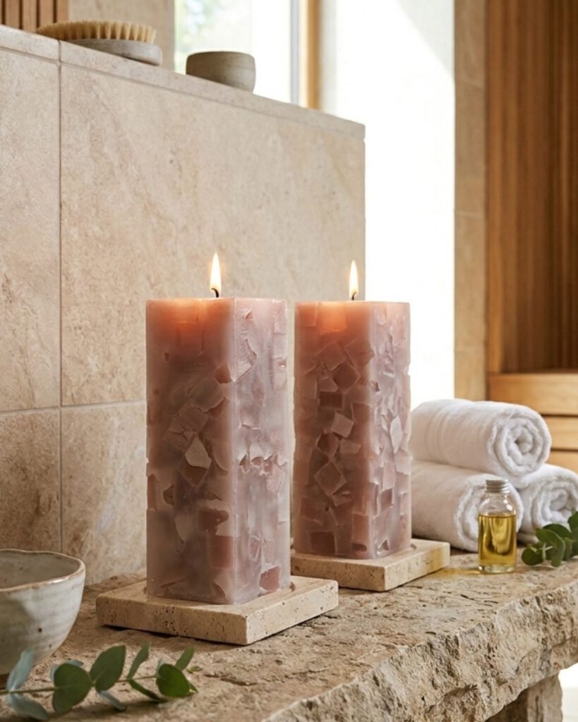 Vanillefarbene Wohnkerzen in einem stilvollen Wellness- und Spa-Bereich mit Naturstein und Handtüchern