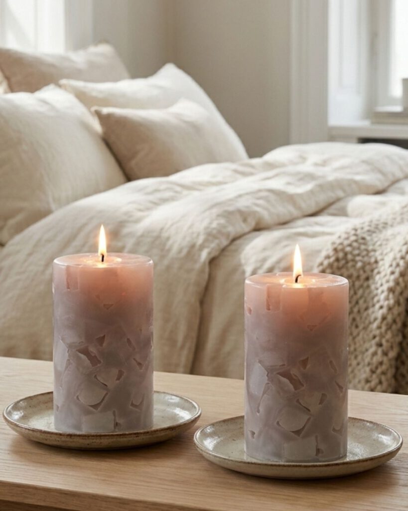 Zwei vanillefarbene Wohnkerzen Vanille Douce auf Keramiktellern vor einem gemütlichen Bett im Hygge-Stil