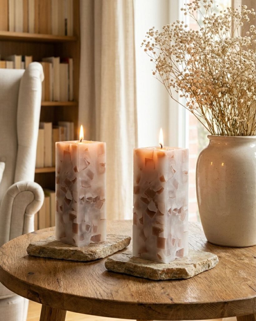 Zwei vanillefarbene Wohnkerzen auf Natursteinuntersetzern in einer gemütlichen Bibliothek im Landhausstil