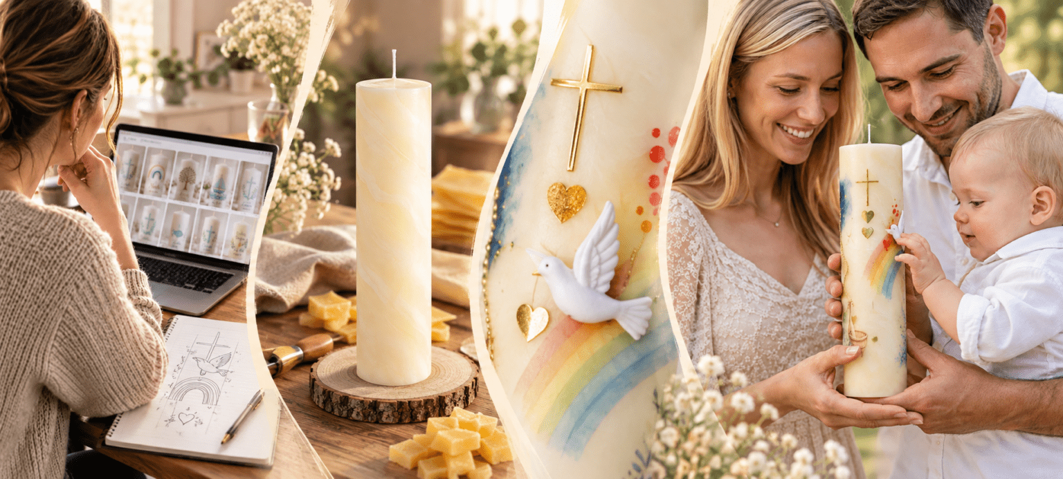 Collage von der Suche nach einer besonderen Taufkerze über Bienenwachs und Gestaltung bis zur fertigen Taufkerze