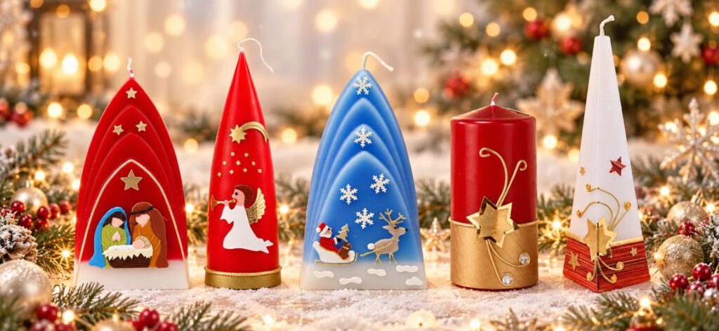 Handverzierte Weihnachtskerzen der LH-Kerzenmanufaktur in festlicher Weihnachtsdekorationkerzenmanufaktur.jpg