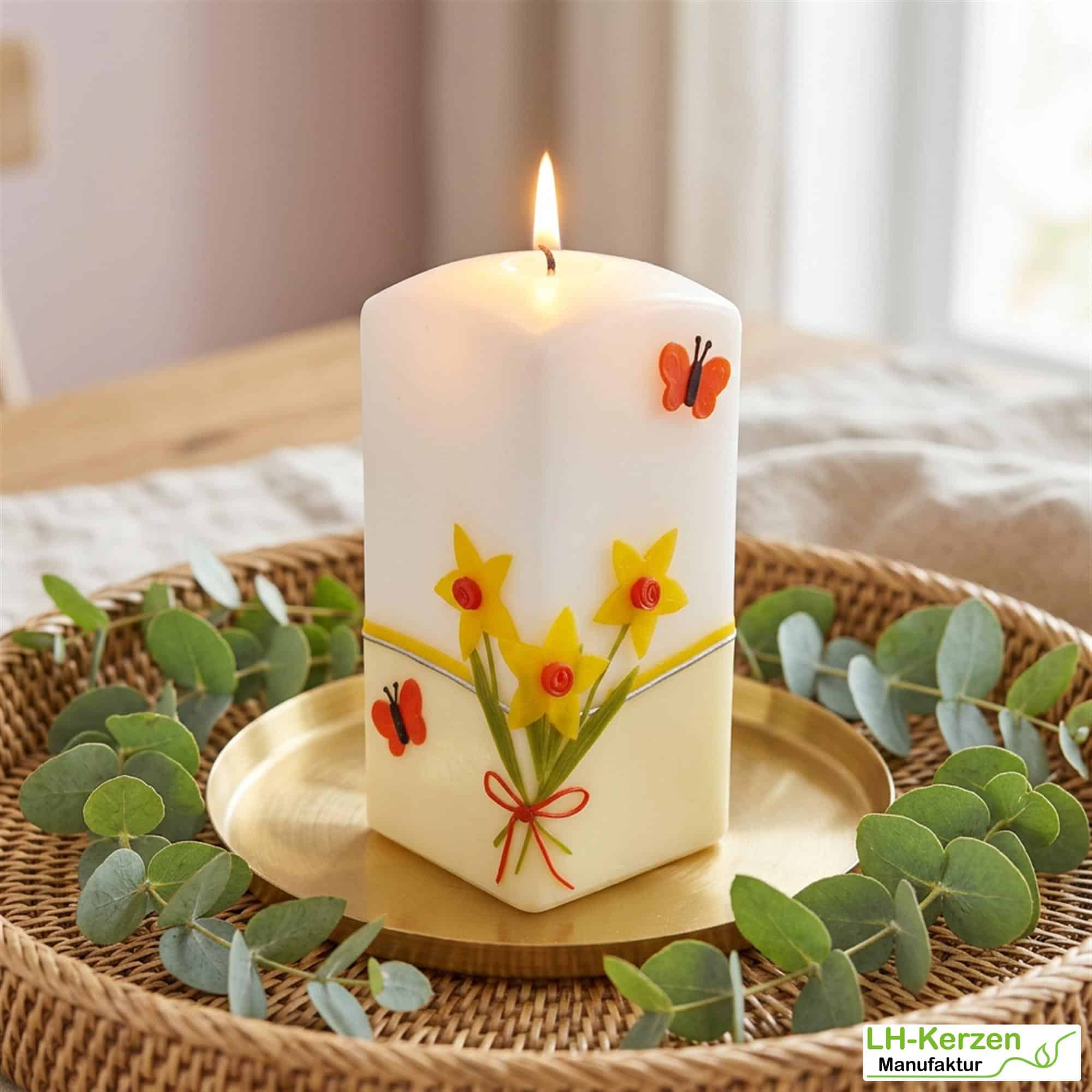 edle Frühlingskerze "Butterfly Garden" mit Narzissen und Schmetterlingen in Quaderform