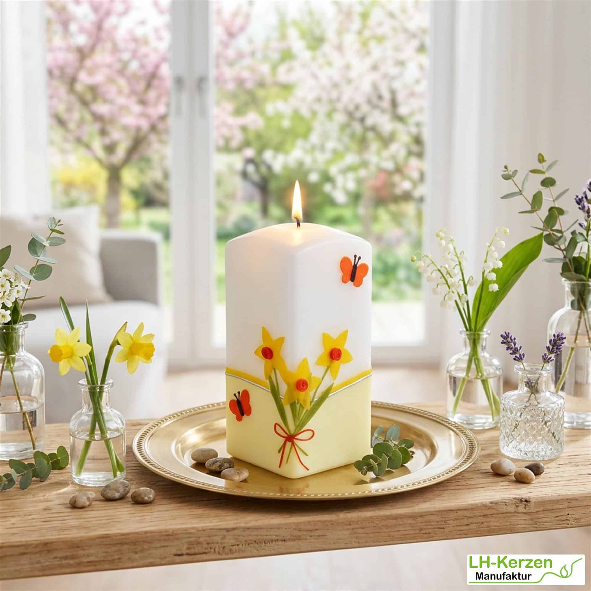 edle Frühlingskerze "Butterfly Garden" mit Narzissen und Schmetterlingen in Quaderform