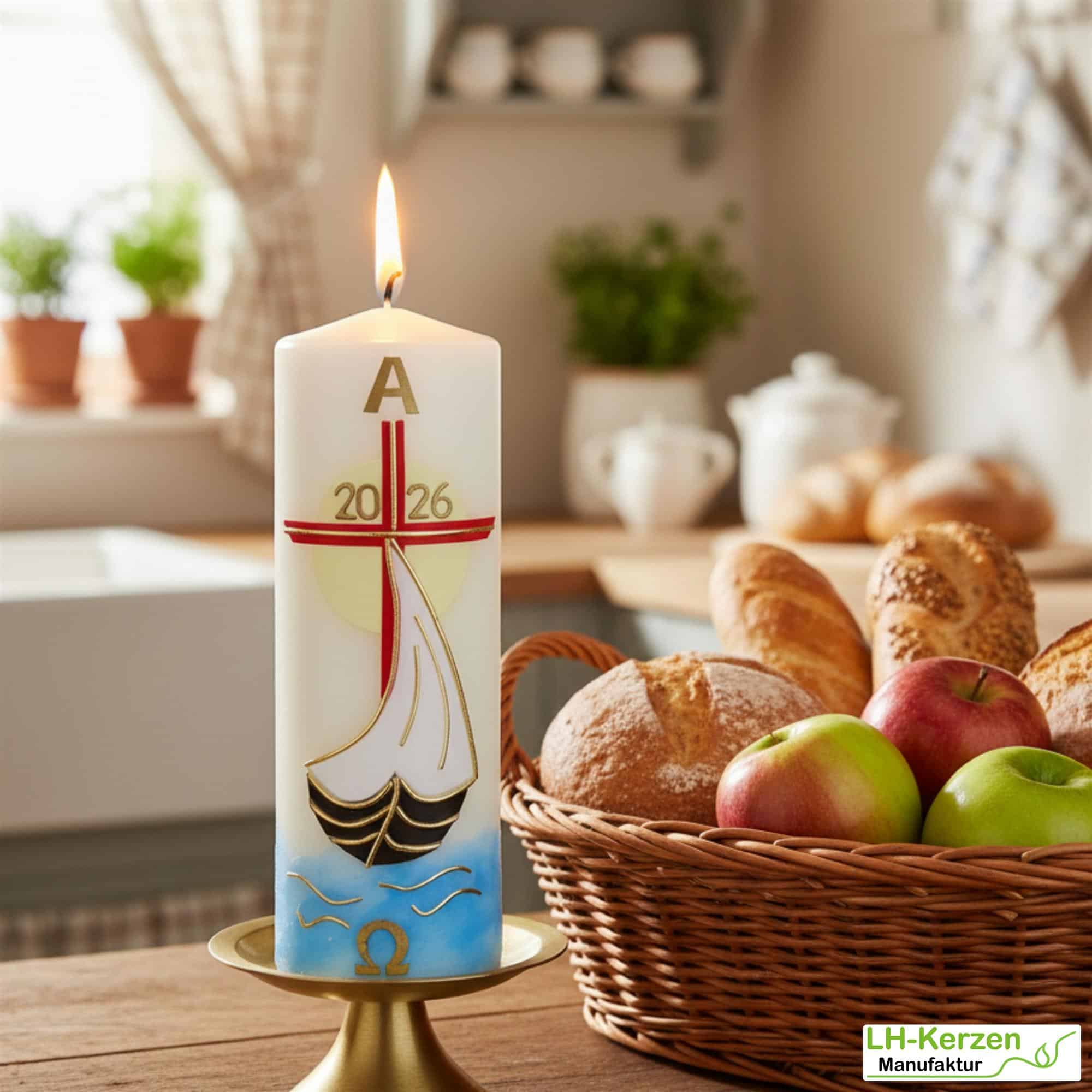 Licht der Auferstehung – Handgefertigte Osterkerze mit Kreuz, Segelschiff, Sonne, Alpha & Omega