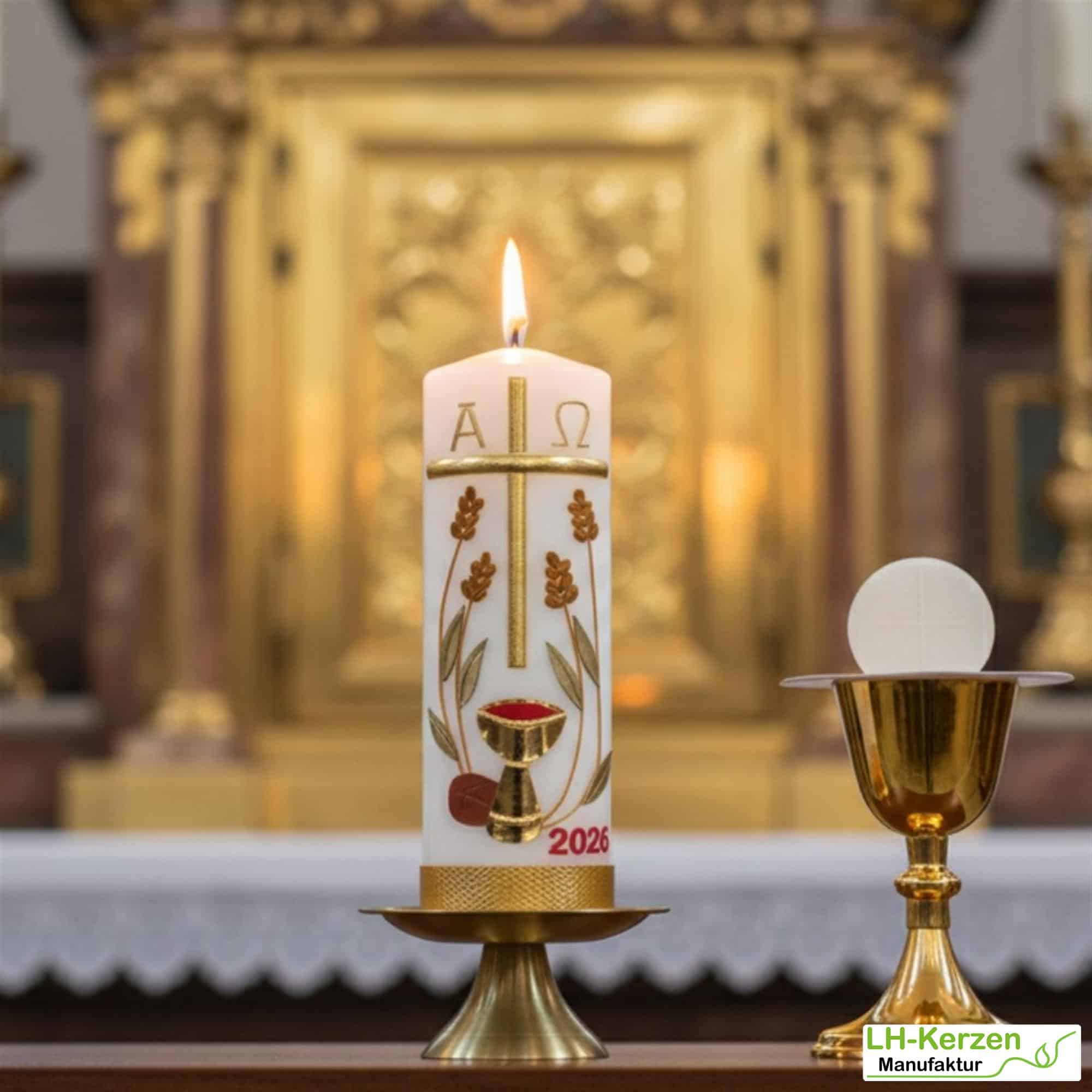 Brot des Lebens – Handgefertigte Osterkerze religiös mit Kreuz, Ähren, Kelch, Alpha & Omega