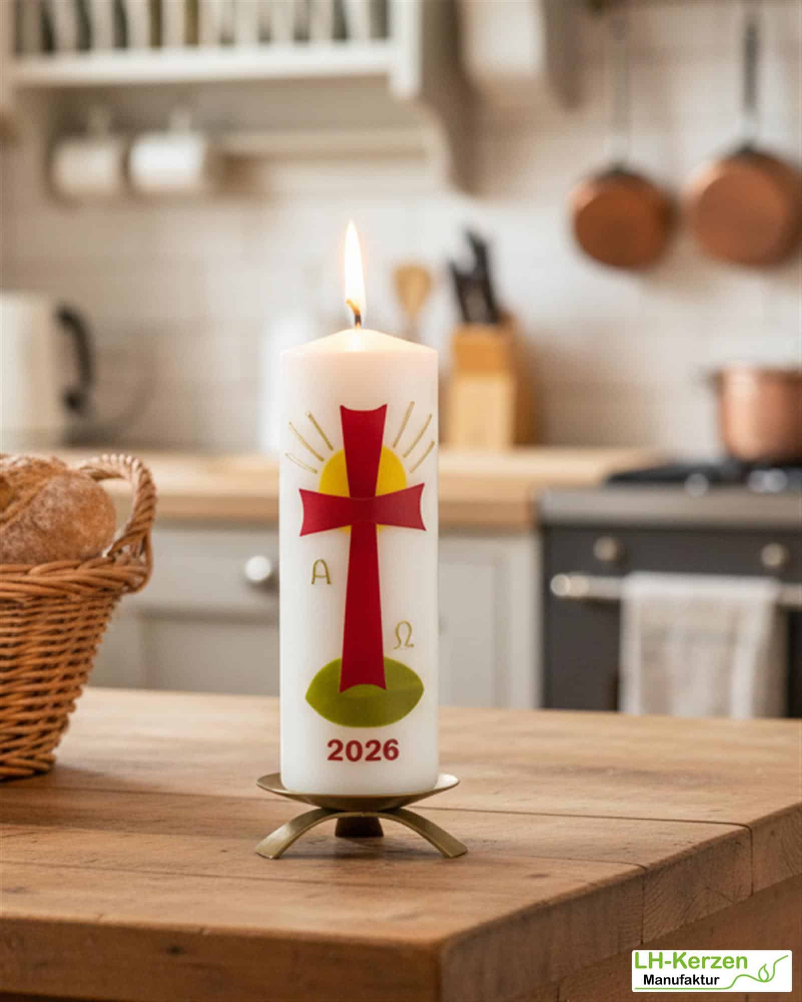 Strahl des Lebens – Handverzierte Osterkerze mit Kreuz, Sonne, Alpha & Omega