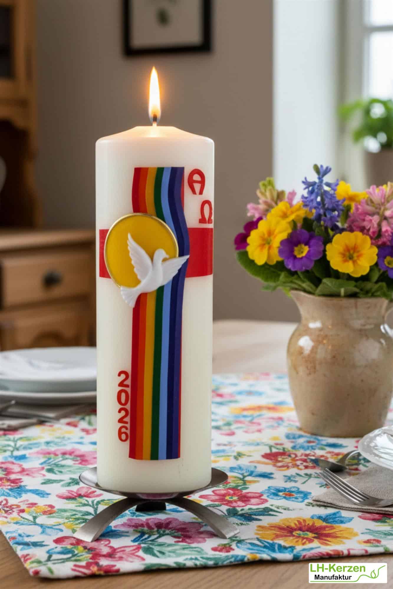 Bogen des Friedens – handverzierte Osterkerze mit Taube, Regenbogen und Alpha & Omega