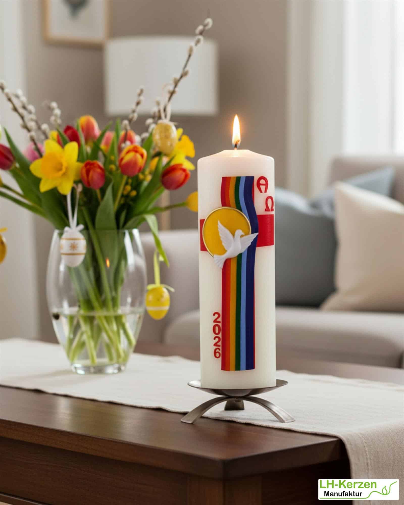 Bogen des Friedens – handverzierte Osterkerze mit Taube, Regenbogen und Alpha & Omega