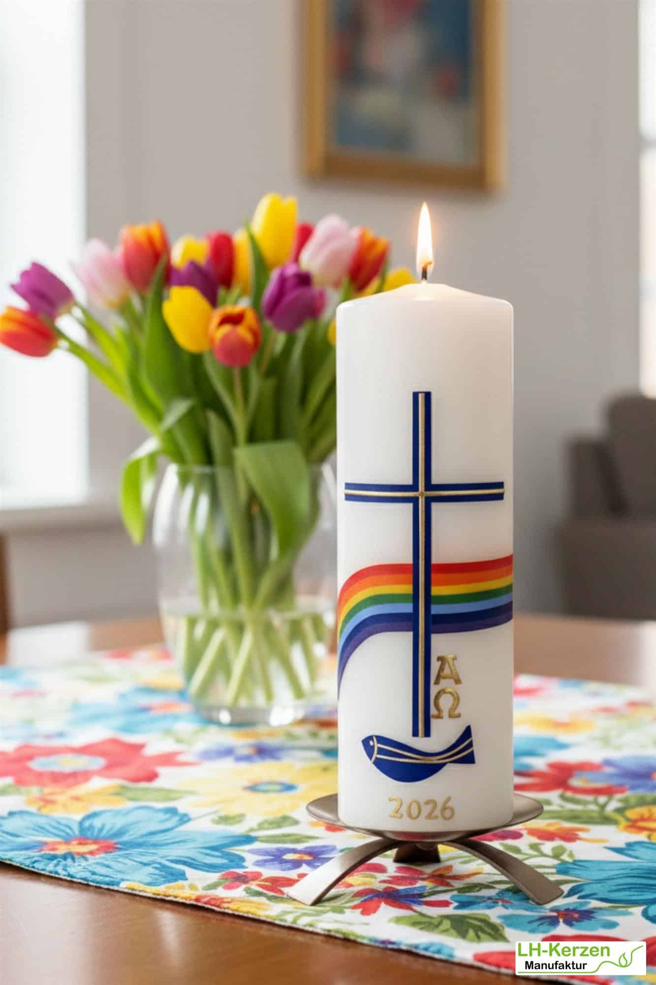 Friede sei mit Euch – christliche Osterkerze handverziert mit Fisch, Kreuz und Regenbogen