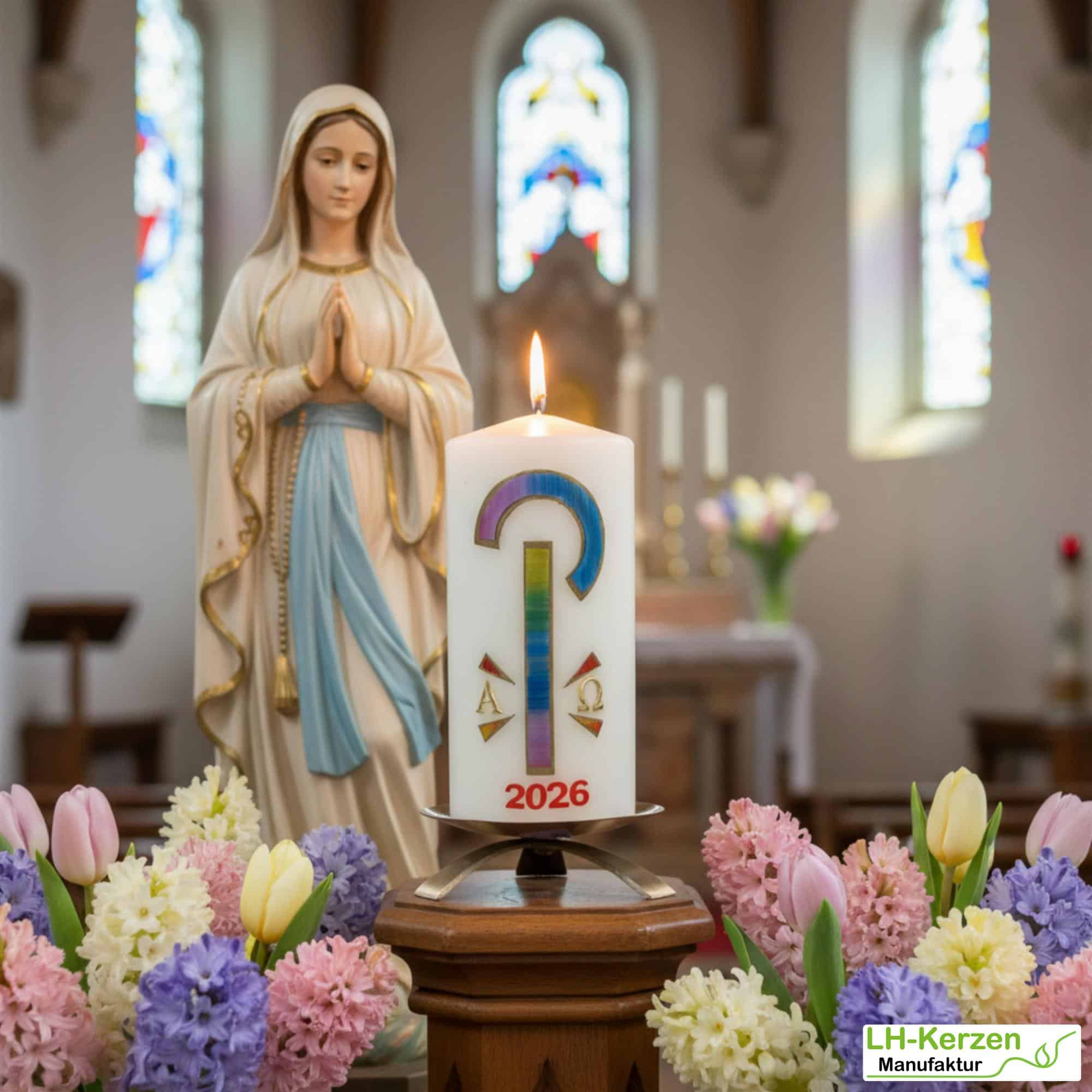 Friedenslicht Christi – Osterkerze christlich, handverziert mit Pax-Zeichen in Regenbogenfarben