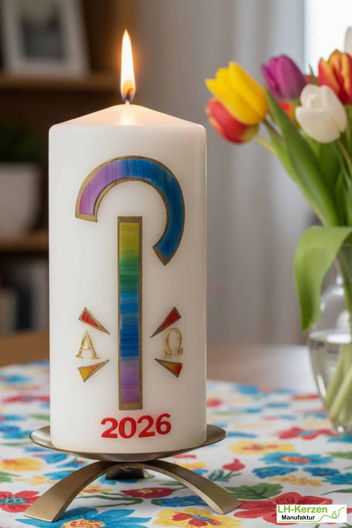 Friedenslicht Christi – Osterkerze christlich, handverziert mit Pax-Zeichen in Regenbogenfarben
