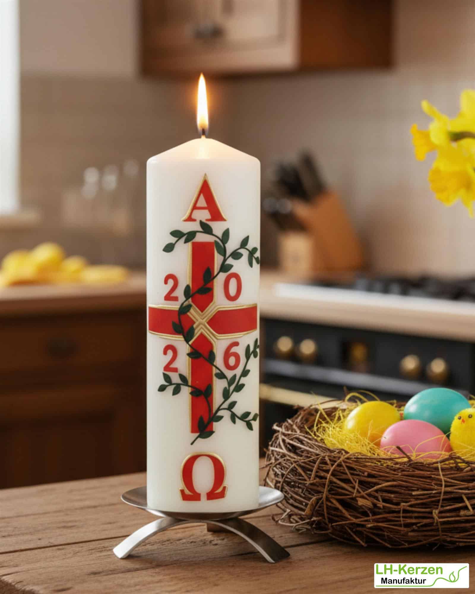 Garten des Lebens – festliche Osterkerze, handverziert mit Blumenranke, Kreuz, Alpha & Omega 300x80