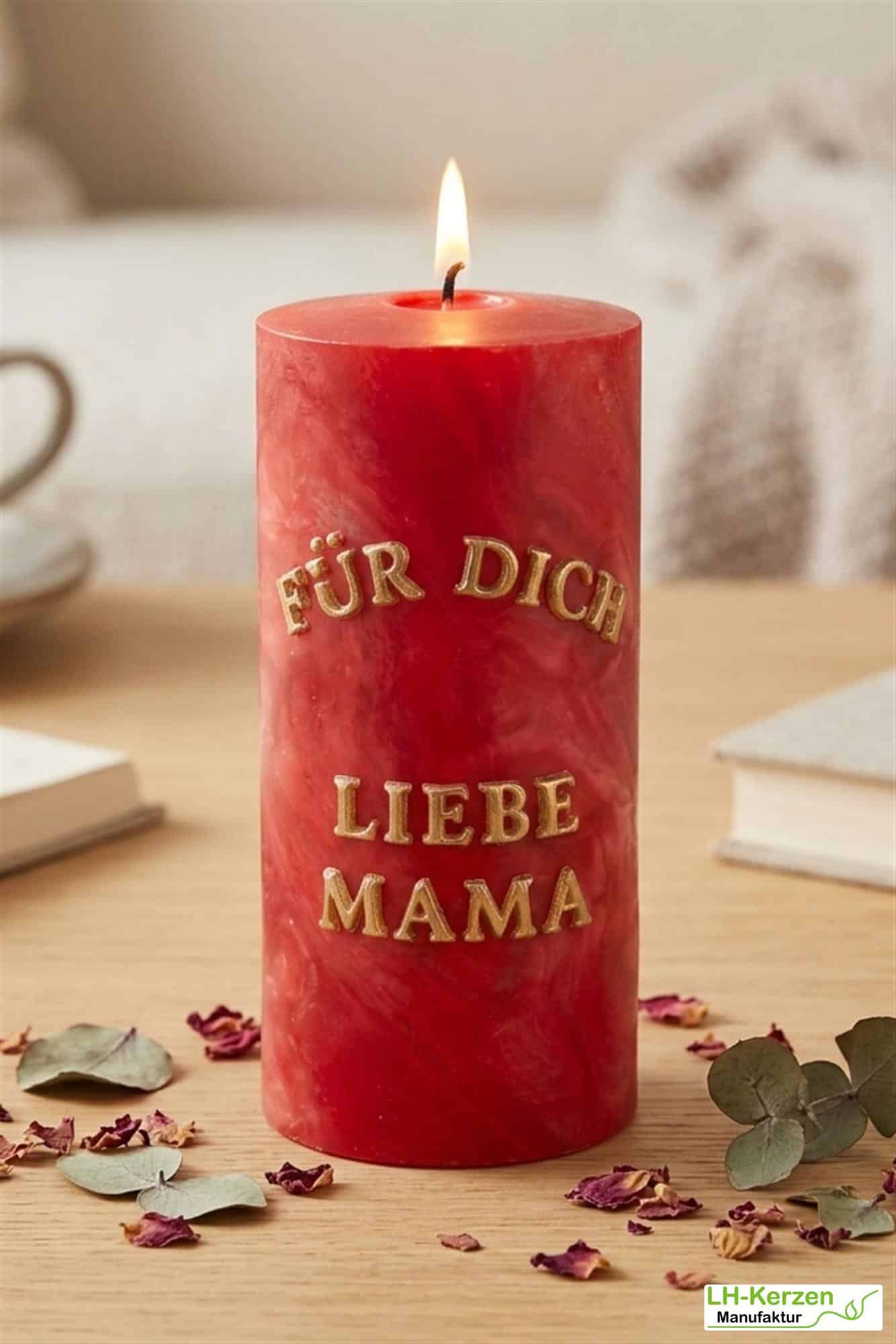 Hochwertiges Muttertagsgeschenk – große rote Bienenwachskerze „Für Dich liebe Mama“