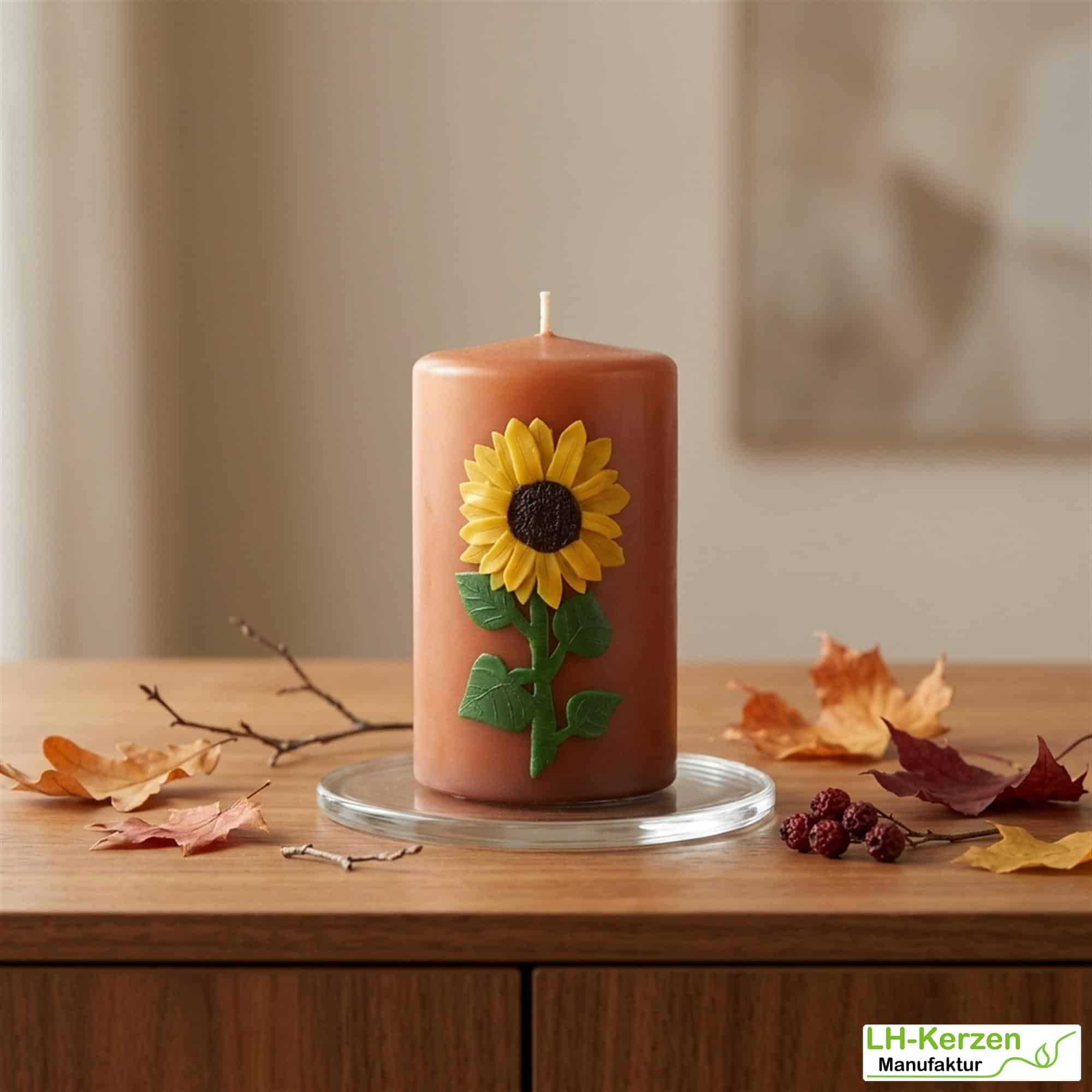 Herbstkerze mit Sonnenblume – kompakte Dekoidee in warmem Braun, handverziert & personalisierbar