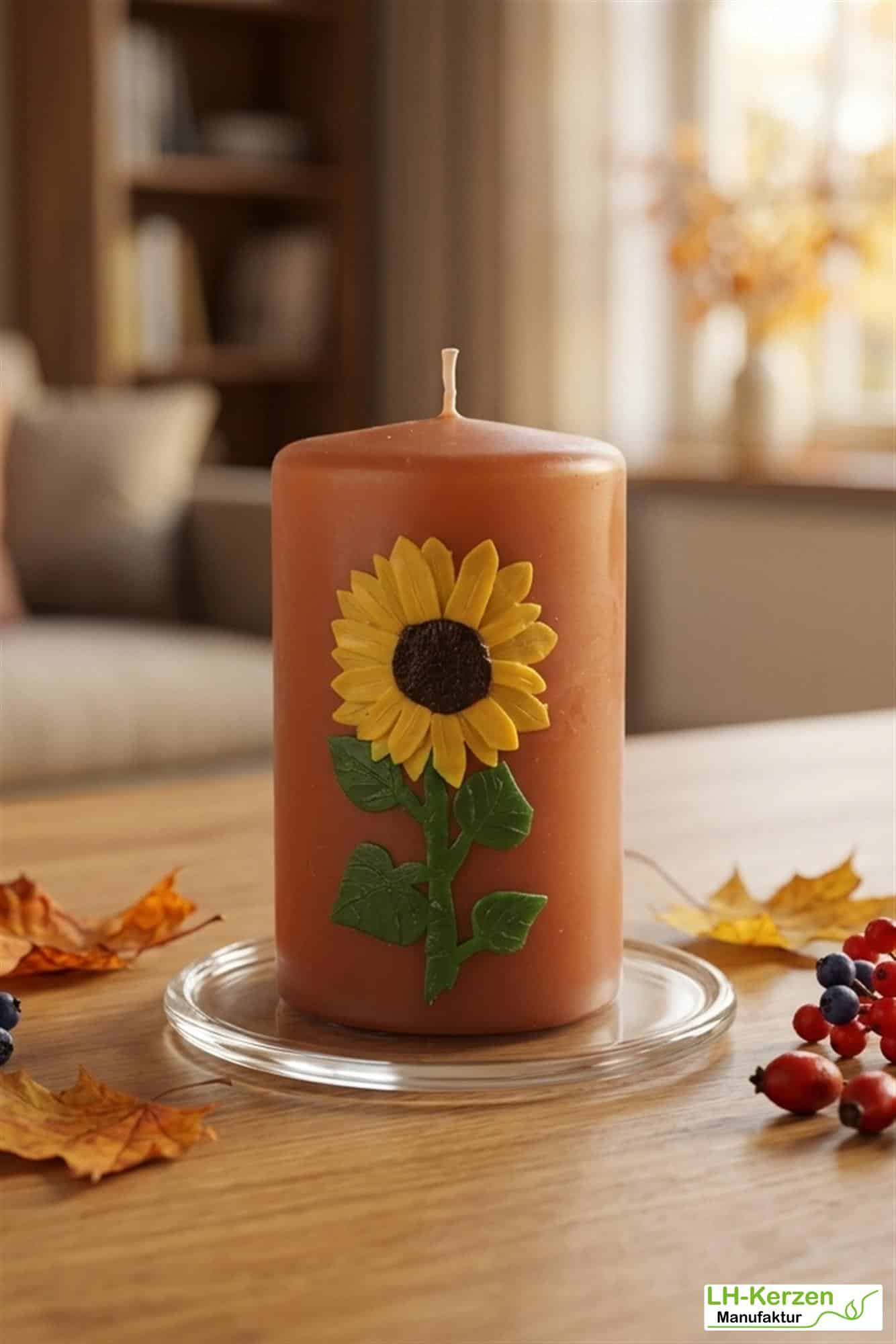 Herbstkerze mit Sonnenblume – kompakte Dekoidee in warmem Braun, handverziert & personalisierbar