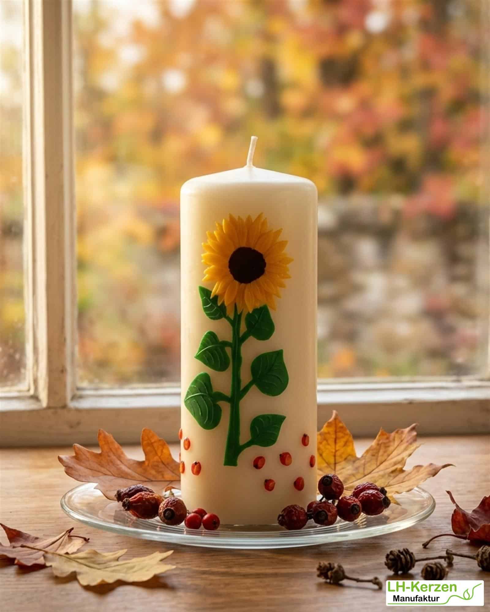 Herbstliche Kerze mit Sonnenblume und roten Äpfeln – liebevoll gestaltet, auch personalisierbar