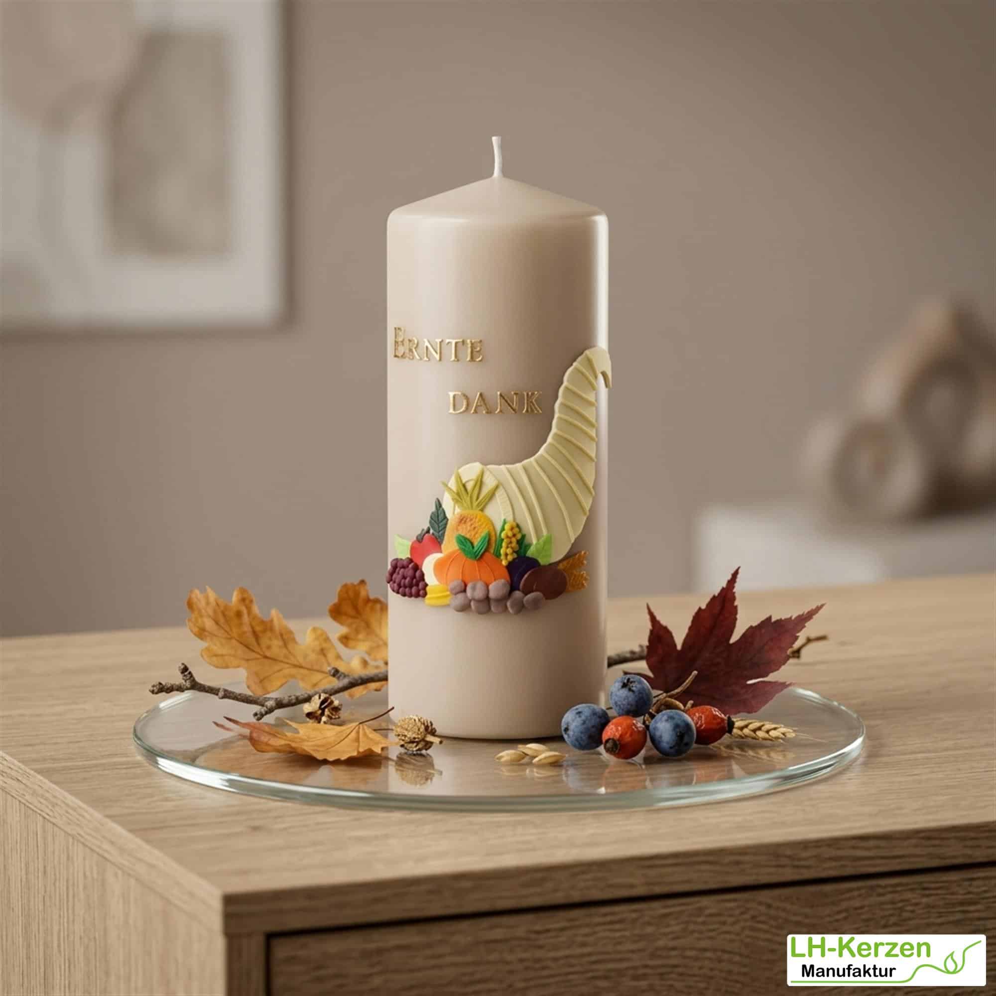 Herbstliche Erntedank-Kerze mit Füllhorn – liebevoll verziert, perfekt für Tisch oder Altar