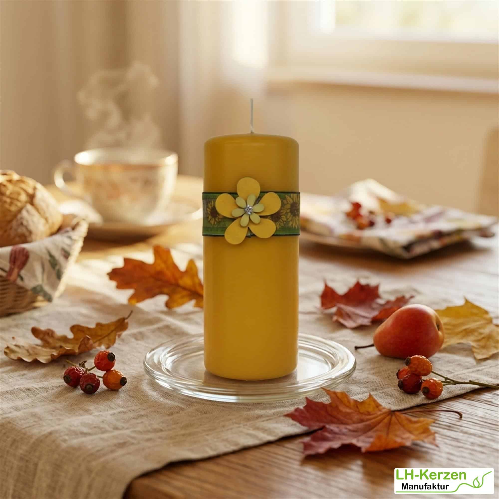Herbstdeko Kerze in Gelb – mit Satinband, Sonnenblumenmotiv und Holzblume verziert