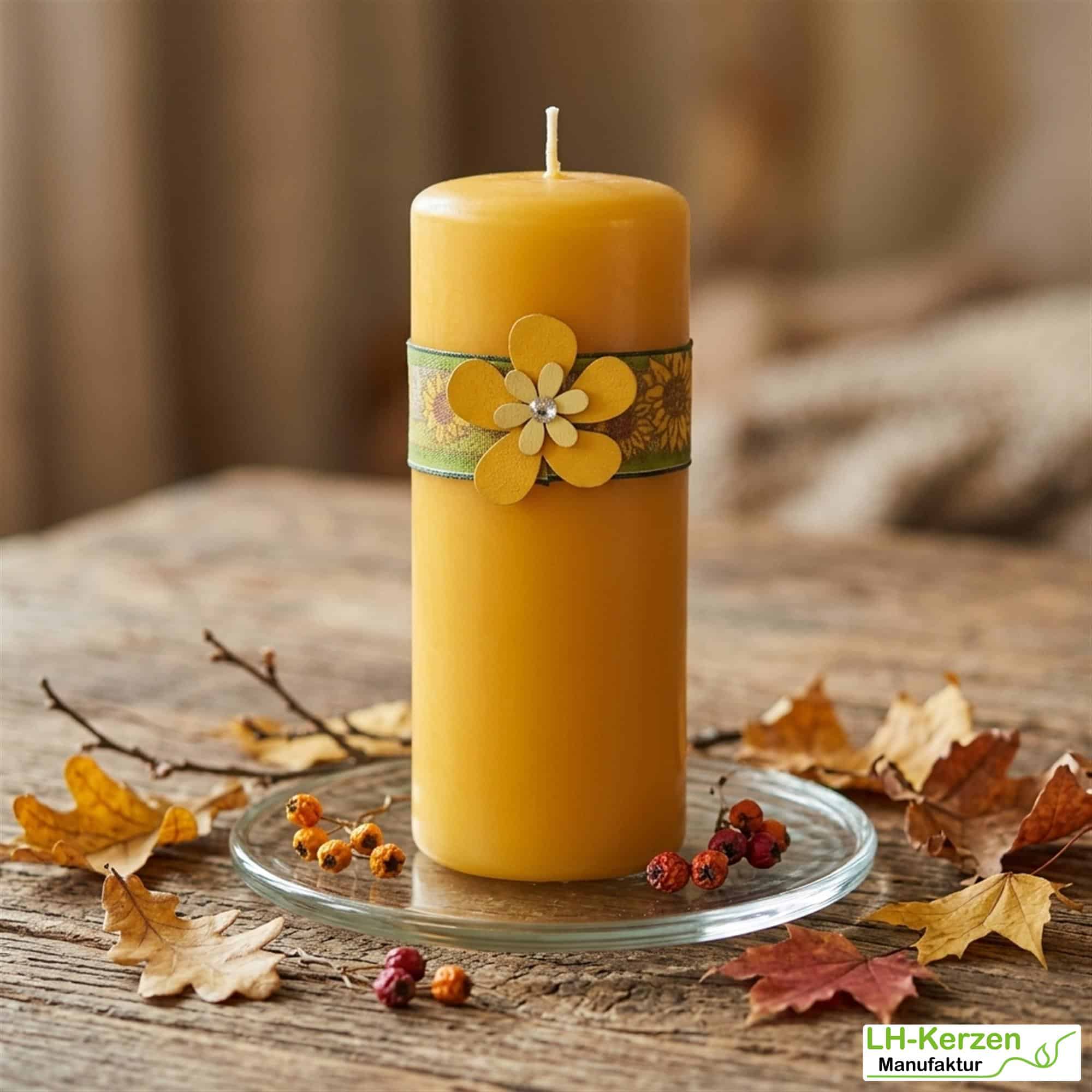 Herbstdeko Kerze in Gelb – mit Satinband, Sonnenblumenmotiv und Holzblume verziert