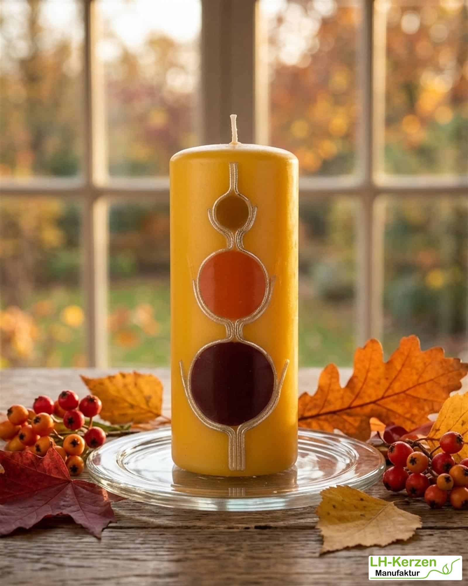Herbstdeko Kerze Gelb mit kreisförmigen Akzenten in herbstlichen Farben Gold umrandet