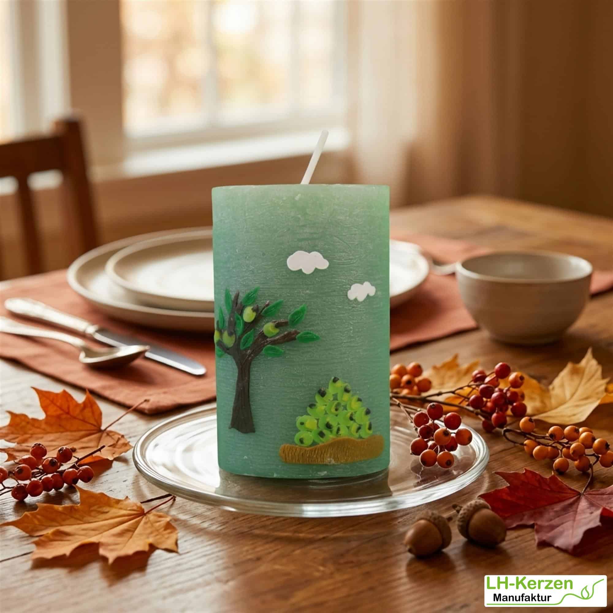 grüne Herbstkerze mit Apfelbäumchen